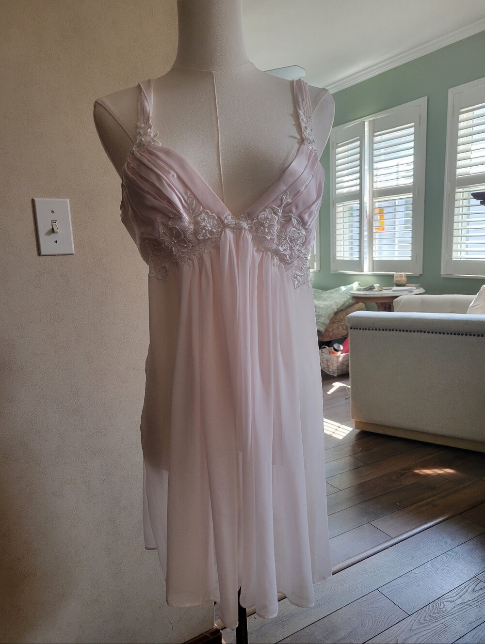 Sheer Lace-Trim Babydoll Chemise - Pale Pink